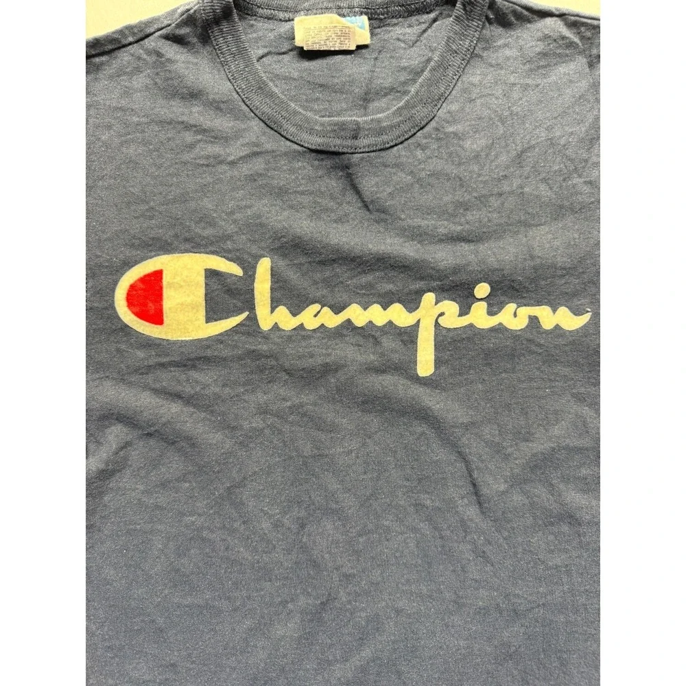 Vintage Champion T Shirt Men Small Navy Blue Graphic Spellout Script Logo Cotton - Picture 4 of 8